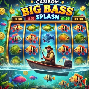 Casibom Big Bass Splash slot oyunu, altın madeni ve balık temalı dinamik bir oyun sahnesi.