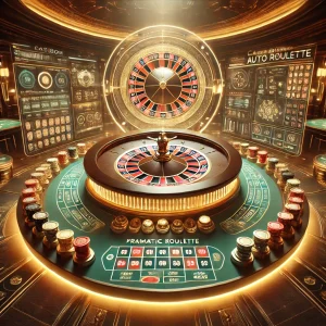 Casibom Pragmatic Auto Roulette oyununun otomatik çarkı ve dijital bahis seçeneklerini içeren şık bir casino tasarımı.